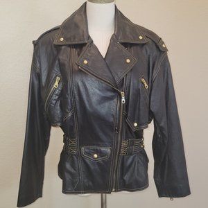 Vintage Black Leather Motorcycle Jacket Gold Detail Women's Size M